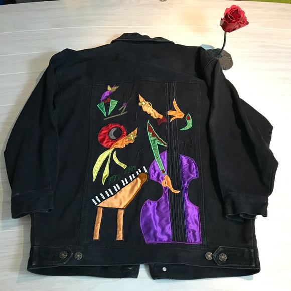 Vintage Cedars 80s Cellos Piano Art Deco Denim Jacket - Picture 3 of 8